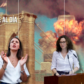 La eurodiputada de Podemos Irene Montero, junto a la presidenta de la Comunidad de Madrid, Isabel Díaz Ayuso, sobre un fondo de los atentados del 11-S en Nueva York.