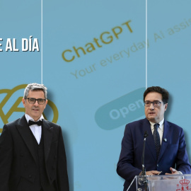 Montaje de los ministros de Justicia y Función Pública, Félix Bolaños y Óscar López, sobre un fondo de la aplicación de IA ChatGPT.