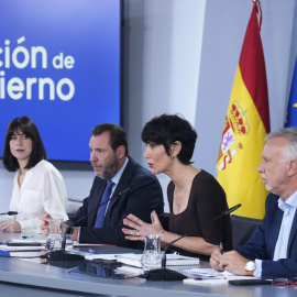 Los ministros Diana Morant, Óscar Puente, Elma Saiz y Ángel Víctor Torres, durante la rueda de prensa este martes 15 de septiembre.