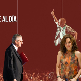 Montaje del exministro de Justicia Alberto Ruíz Gallardón, junto a la presidenta de la CAM, Isabel Díaz Ayuso, sobre un fondo con el rapero propalestino Macklemore.