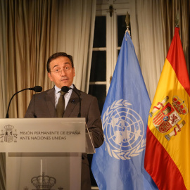 El ministro de Asuntos Exteriores español, José Manuel Albares, en una rueda de prensa en el inicio de la Asamblea General de la ONU, en Nueva York, a 21 de septiembre de 2026.
