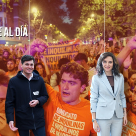 Montaje del agitador ultra Vito Quiles, junto con la presidenta madrileña Isabel Díaz Ayuso, sobre un fondo con las manifestaciones contra el desahucio de Maricarmen.