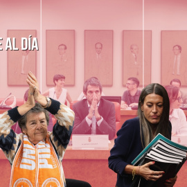 Montaje de la pensionista Maricarmen, junto a la portavoz de Junts, Miriam Nogueras, sobre un fondo con el grupo parlamentario Sumar.