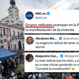 La acampada por la vivienda en la Puerta del Sol, este domingo.