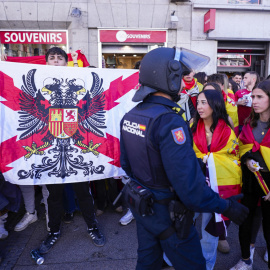 Un grupo de personas con banderas anticonstitucionales realiza saludos fascistas y entona el 'Cara al sol' tras intentar acceder a la acampada por la vivienda de Madrid