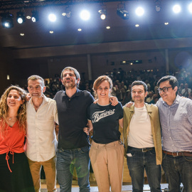 Dirigentes de la izquierda durante un acto de los Comuns, Más Madrid, IU y Sumar.