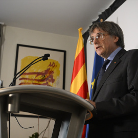 El presidente de Junts per Catalunya, Carles Puigdemont, realiza una declaración desde Waterloo