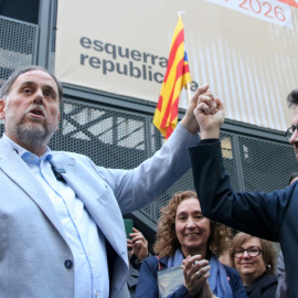 El president d'ERC, Oriol Junqueras, i l'expresident del Govern Pere Aragonès celebren l'amnistia, en una rebuda a la seu del partit. 20/10/2026