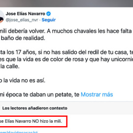 El tuit de José Elías y la nota de la comunidad.