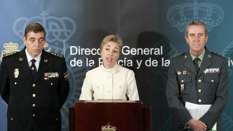 El comisario general de la Policía Judicial, Juan Antonio González (i), la directora del Centro de Inteligencia contra el Crimen Organizado (CICO), María Marcos, y el general jefe de la Policía Judicial de la Guardia Civil, Francisco Ríco, hoy en rueda de