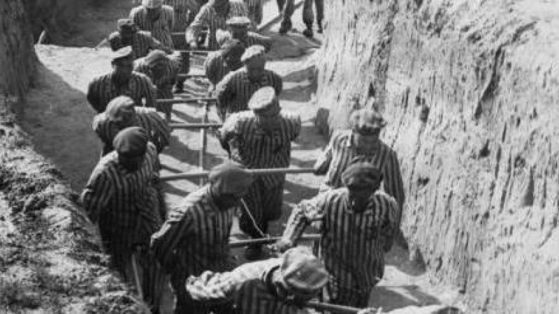 Prisioneros españoles tirando de un vagón de tierra en Wiener Graben, la cantera de piedra de Mauthausen (1942). Equipo Nizkor