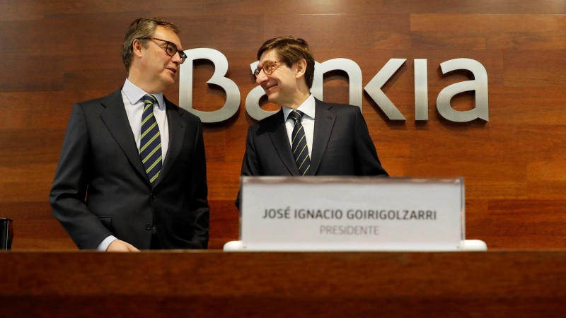 El presidente de Bankia, José Ignacio Goirigolzarri, con el  consejero delegado José Sevilla, en la presentación del Plan Estratégico 2018-2020 de la entidad. EFE/Juan Carlos Hidalgo