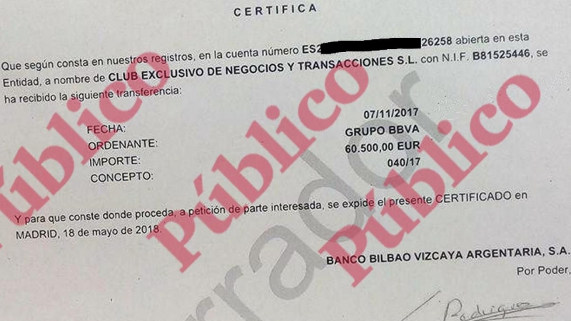 Fragmento de uno de los certificados emitidos por el BBVA sobre los ingresos de 60.500 euros en la cuenta corriente del excomisario Villarejo.