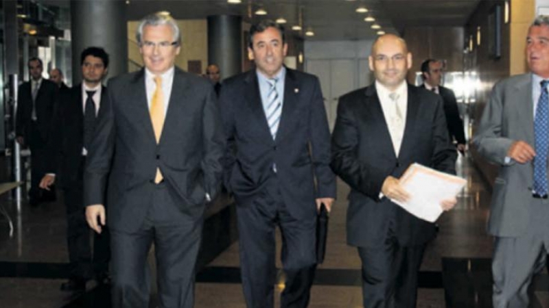 El exjuez Baltasar Garzón, el exfiscal de la Audiencia Nacional Javier Zaragoza, y el juez Javier Gómez Bermúdez, en un conferencia sobre blanqueo de dinero en Andorrra, acompañados del abogado Jose María Fuster-Fabra, en una fotografía de octubre de 2009