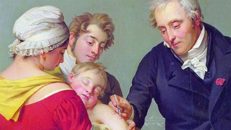 'El baron Jean Louis Alibert practicando la vacunación contra la viruela en el castillo de Liancourt”. / DESBORDES