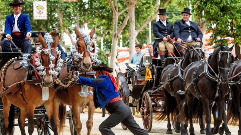 Un cochero se ocupa de sus caballos en el Real de la Feria en el primer día de la Feria de Abril. EFE/ Raúl Caro