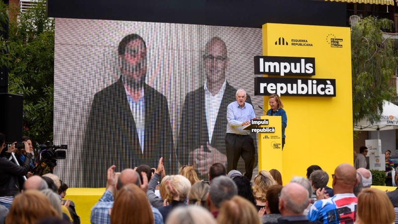 El míting d'ERC a Sant Vicenç dels Horts, amb Junqueras i Romeva intervint per videoconferència. MARC PUIG