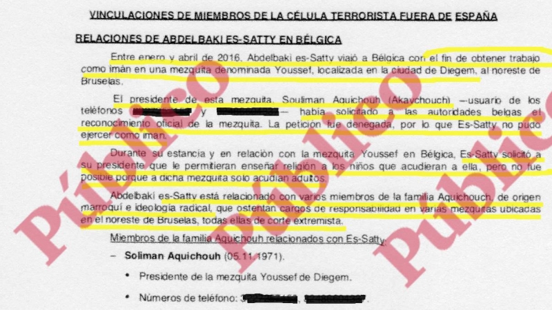 Inicio del informe reservado del CNI sobre las vinculaciones de Es Satty con el núcleo yihadista más importante de Europa, en Bélgica.