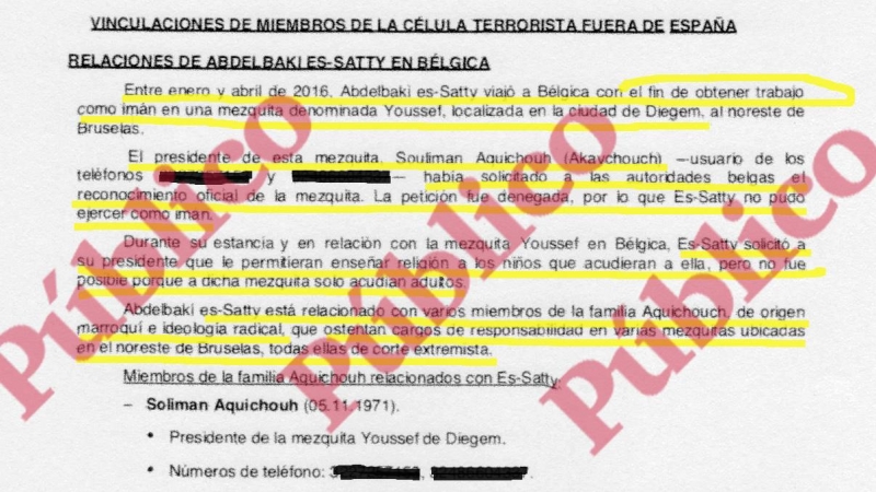 Inicio del informe reservado del CNI sobre las vinculaciones de Es Satty con el núcleo yihadista más importante de Europa, en Bélgica.