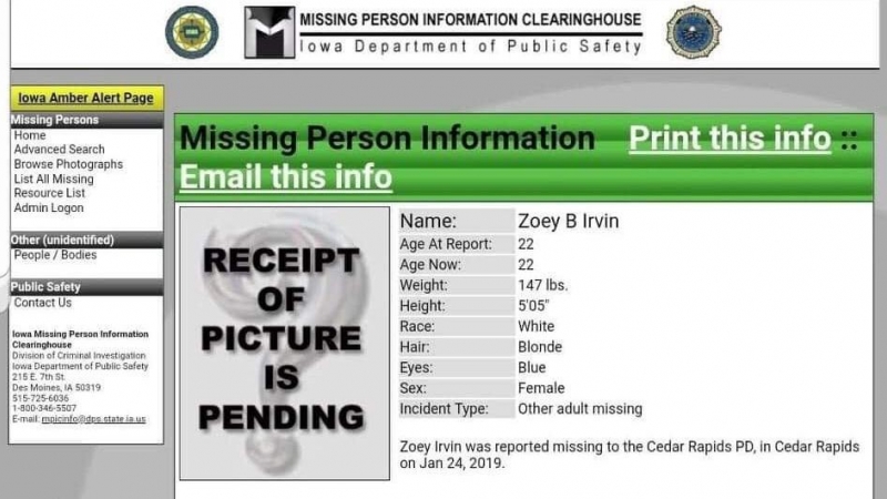La policía de Cedar Rapids (Iowa) emitió una alerta informando de la desaparición de Zoey tras la denuncia de su madre. La alerta permaneció activa menos de 24 horas.