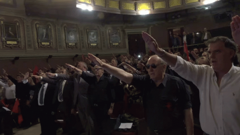 Un momento en el acto de conmemoración de la fundación de Falange el pasado sábado en el Ateneo de Madrid.- YOUTUBE