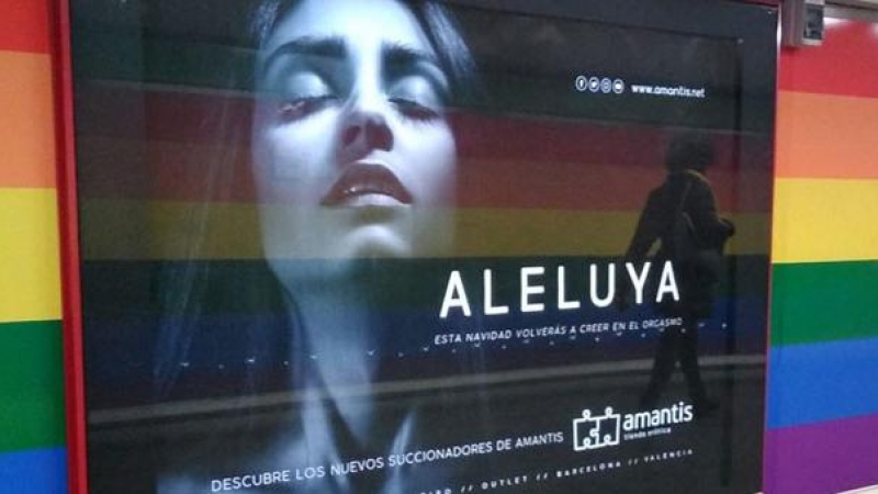 Cartel de la campaña publicitaria en el Metro de Madrid centrada en el orgasmo femenino y los los succionadores de clítoris. / AMANTIS