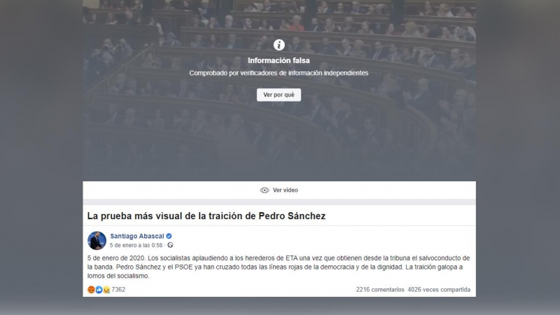 La publicación de Santiago Abascal etiquetada como 'información falsa'. / Facebook