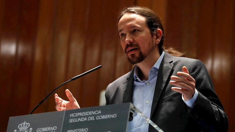 El vicepresidente segundo y ministro de Derechos Sociales y Agenda 2030, Pablo Iglesias, durante su intervención en la toma de posesión de altos cargos del departamento que preside este miércoles en Madrid. EFE/J.J. Guillén