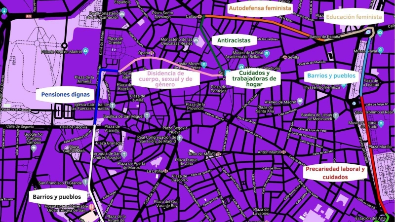 Mapa de la cadena feminista de Madrid.