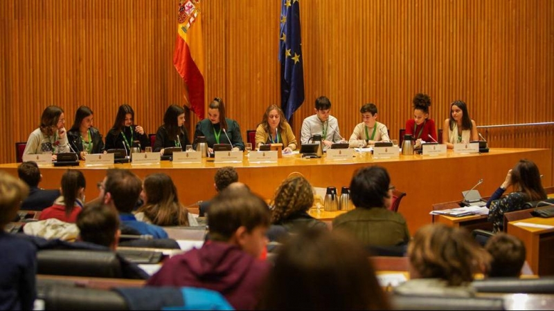 Los niños y niñas que han acudido al Congreso a debatir junto a diputados sobre la violencia infantil y el acoso escolar. /EDUCO