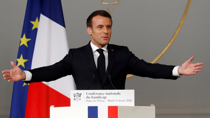 El presidente francés, Emmanuel Macron, en la conferencia de personas con discapacidad este martes. / Reuters