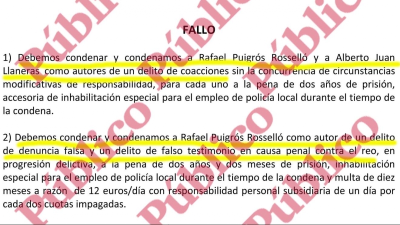 Sentencia de la Audiencia Provincial condenando a Puigrós y Llaneras por coacciones y al primero también por denuncia falsa y falso testimonio.