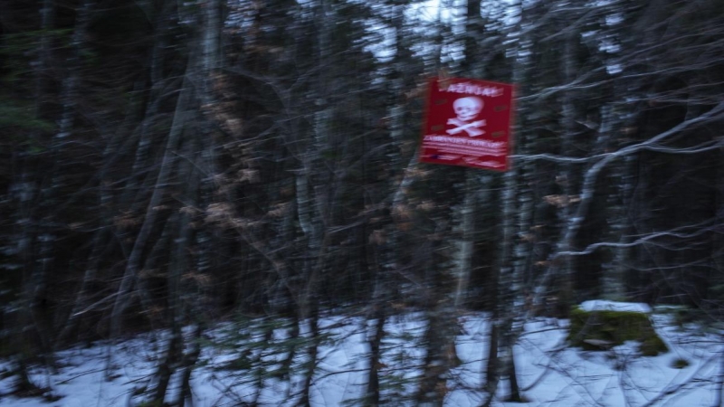 Un cartel advierte de la presencia de minas antipersonales de la antigua guerra yugoslava en el bosque que rodea la frontera con Croacia. JM López.