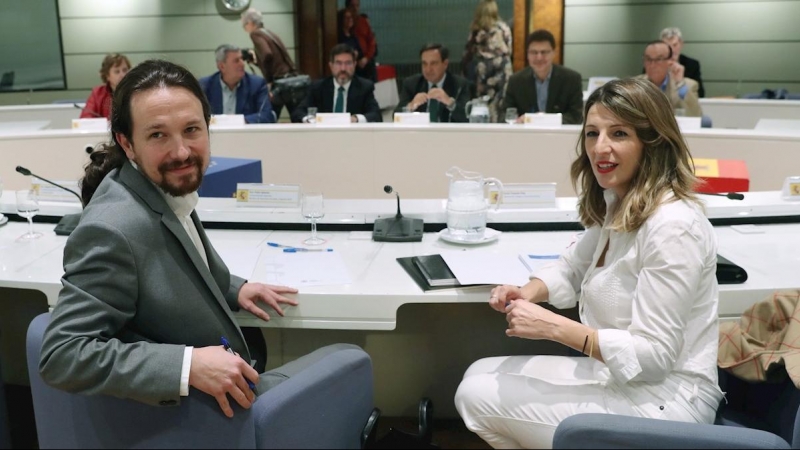 Pablo Iglesias y Yolanda Díaz durante la reunión de hoy con las organizaciones agrícolas. / EFE