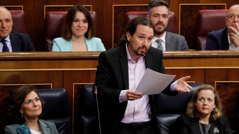 El vicepresidente segundo del Gobierno, Pablo Iglesias, durante su intervención este martes la segunda sesión de control al Gobierno en el Congreso. EFE/Ballesteros