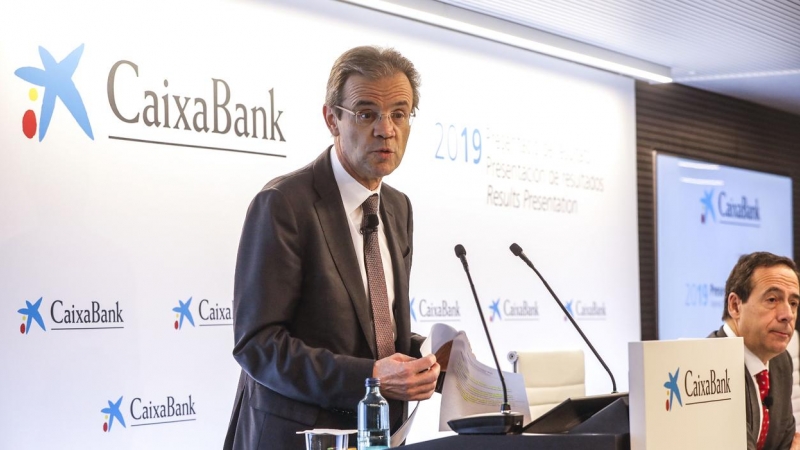 El presidente de Caixabank, Jordi Gual, durante su intervención en la presentación de los resultados del ejercicio 2019. E.P./Rober Solsona