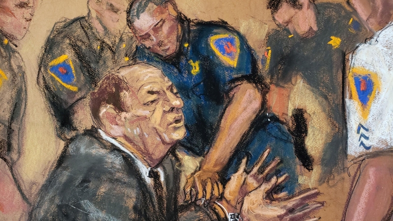 Dibujo difundido de Harvey Weinstein tras escuchar el veredicto por el que ha sido declarado culpable de abusos sexuales en un tribunal de Manhattan. /REUTERS