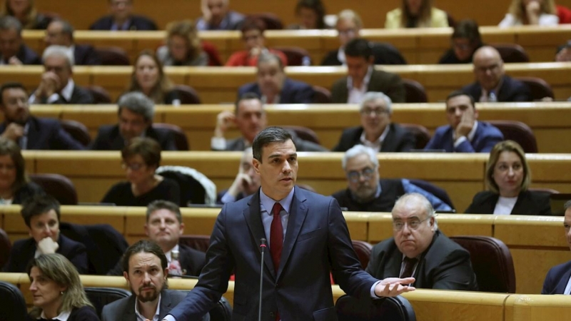 El presidente del Gobierno, Pedro Sánchez, interviene para responder a la oposición en el pleno del Senado. EFE/Kiko Huesca