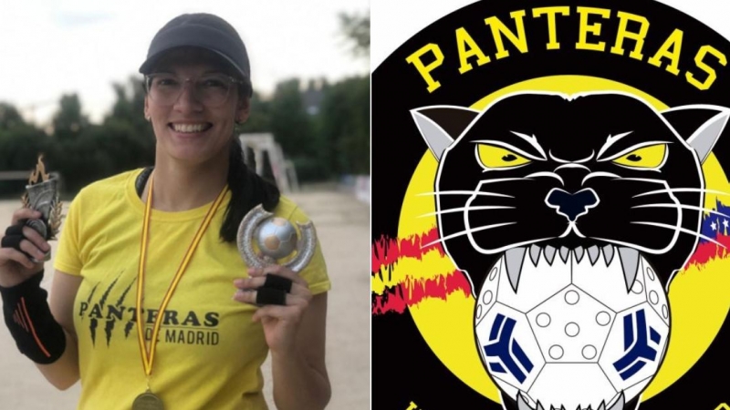 La jugadora de kickingball Adriana Ferrer y el escudo de las Panteras.