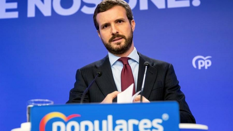 El líder del PP, Pablo Casado, durante la rueda de prensa posterior a la reunión del Comité de dirección del partido celebrada este lunes en la sede de la calle Génova, en Madrid. EFE/Rodrigo Jiménez