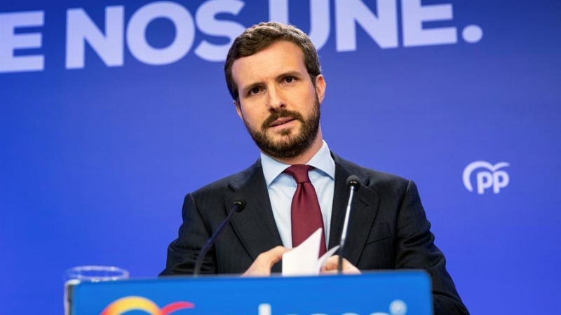 El líder del PP, Pablo Casado, durante la rueda de prensa posterior a la reunión del Comité de dirección del partido celebrada este lunes en la sede de la calle Génova, en Madrid. EFE/Rodrigo Jiménez