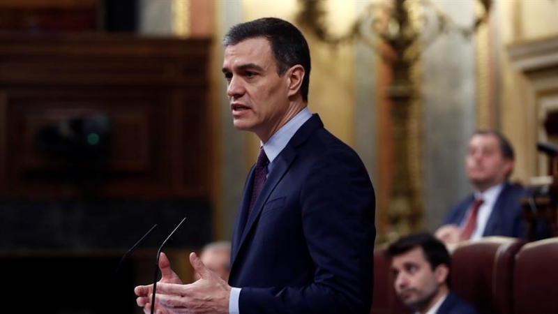 El presidente del Gobierno, Pedro Sánchez, durante su comparecencia este miércoles en el Congreso de los Diputados. EFE