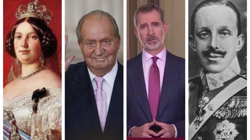 De izquierda a derecha: Isabel II, Juan Carlos I, Felipe VI y Alfonso XIII