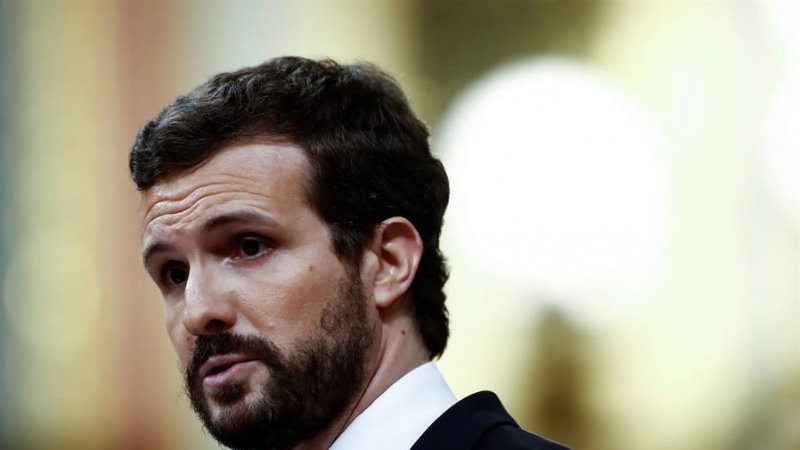 25/03/2020.- El presidente del Partido Popular, Pablo Casado, durante su intervención en el pleno del Congreso que se celebra hoy miércoles en Madrid. Además de la convalidación de los decretos económicos para paliar las consecuencias sociales de la pand