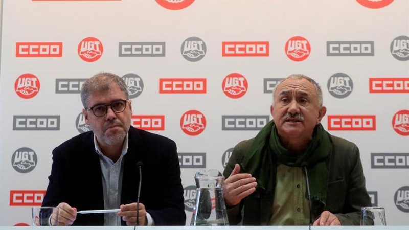 Los secretarios generales de CCOO y UGT, Unai Sordo y Pepe Álvarez (d). EFE/Fernando Alvarado/Archivo