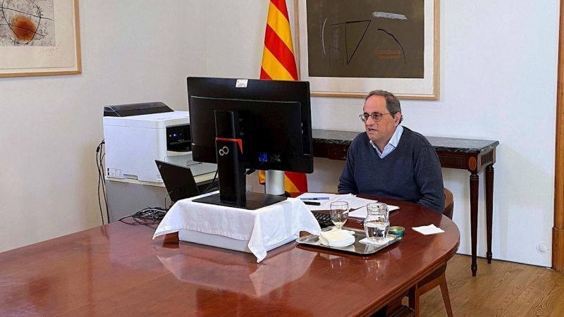 01/04/2020.- El presidente de la Generalitat, Quim Torra, durante una videoconferencia este domingo. EFE/Generalidad