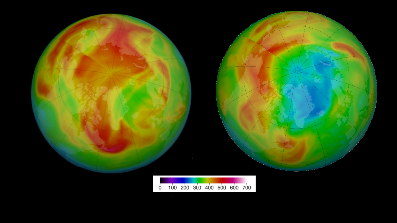 Concentración de ozono sobre el Ártico en 2019 (izquierda) y 2020 el mismo día (8 de abril), según la escala de color representada./NASA