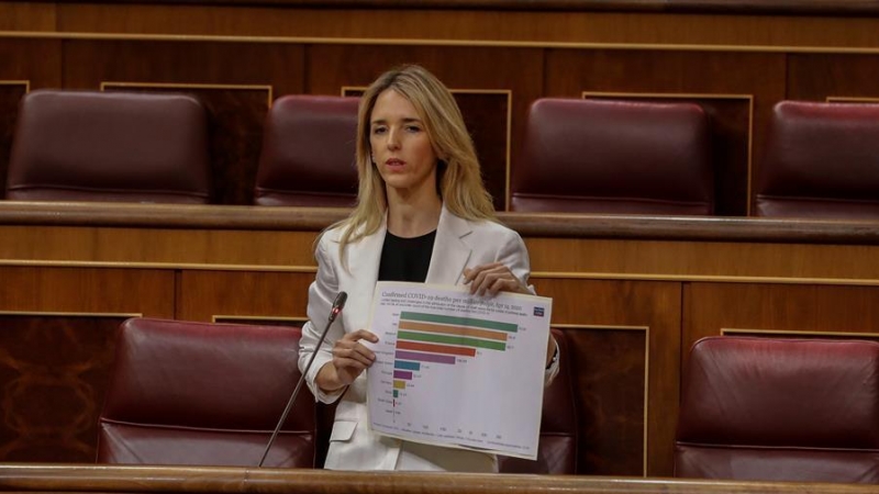 La portavoz parlamentaria del Partido Popular, Cayetana Álvarez de Toledo, interviene durante la primera sesión de control al Ejecutivo celebrada en el Congreso desde que se declaró el estado de alarma el pasado 14 de marzo, un pleno reclamado desde hace