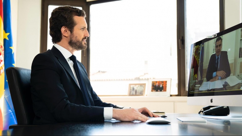 El líder del PP, Pablo Casado, mantiene una videoconferencia con el presidente del Gobierno, Pedro Sánchez.