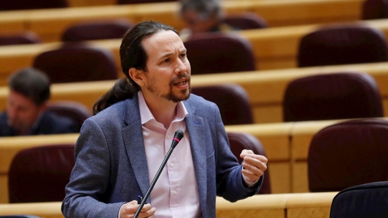 21/04/2020.- El ministro de Derechos Sociales y Agenda 2030 y vicepresidente segundo del Gobierno, Pablo Iglesias, durante la primera sesión de control al Ejecutivo que este martes acoge el Senado durante el estado de alarma, con un presencia reducida al